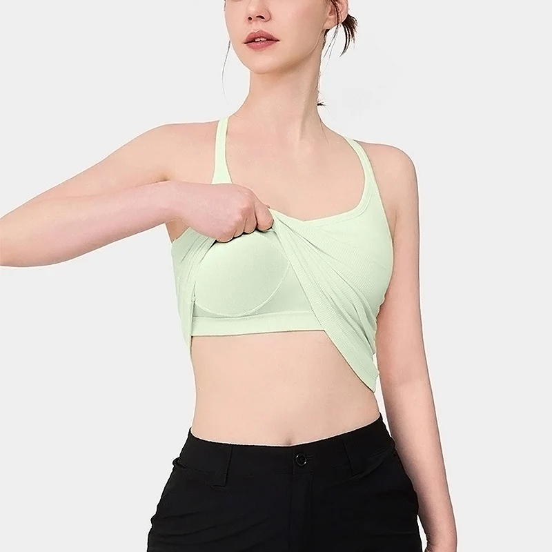 

Summer Women's Yoga Camisole Sports Vest Solid Ribbed Tank Top Running Bra Top One-piece Vest with Chest Pad Gym Vest