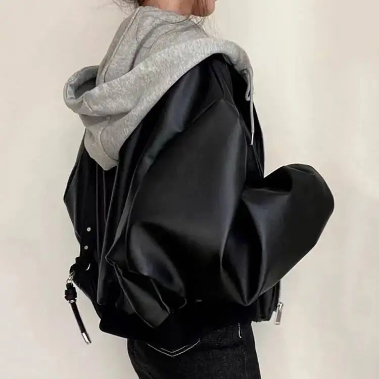 

Hooded Loose Women Fashion Faux Leather Zipper Coats Pocket Versatile Autumn Winter Chic Korean Jackets