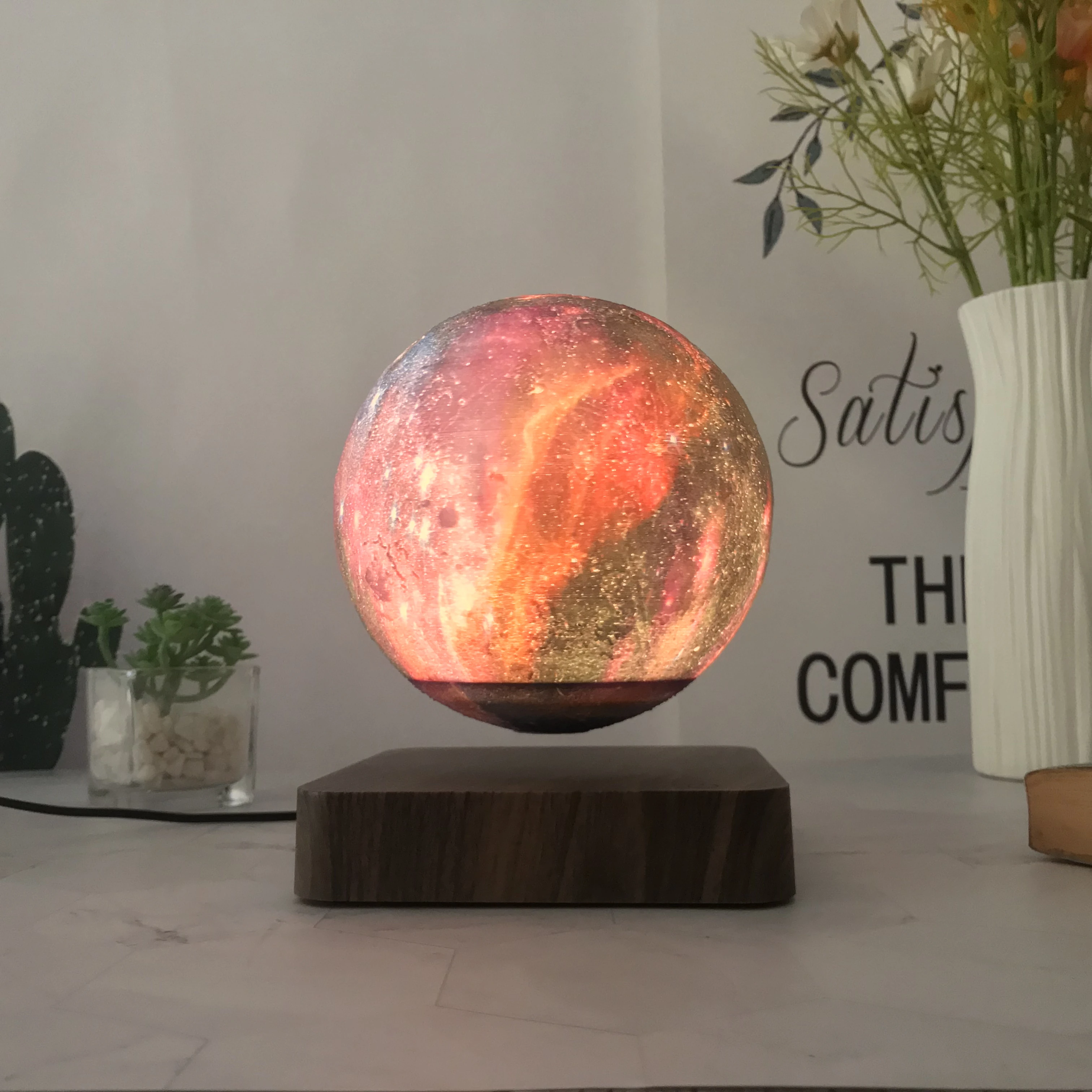 Levitating Moon Magnetic Floating Night Light Automatic Rotation 3D Galaxy Star Lamp Three-color Touch For Gift Office Bedroom