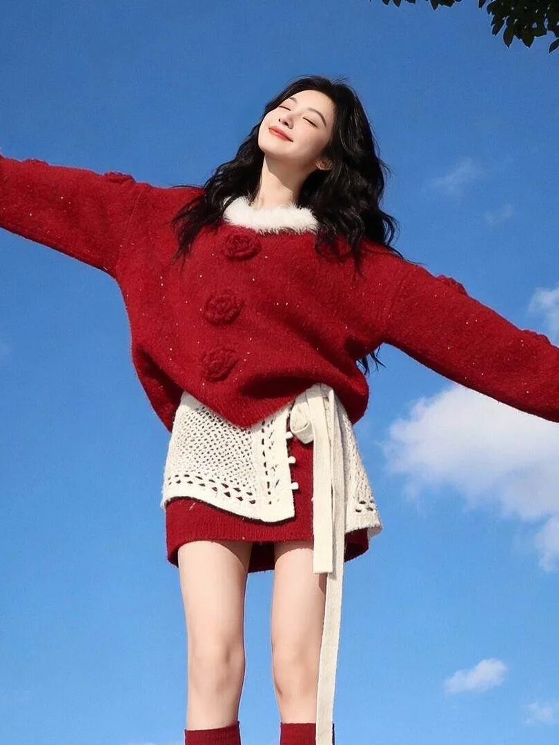 

Красный новогодний комплект: пушистый свитер и юбка, комплект с высокой талией, свободный крой, теплый зимний наряд, женский модный комплект из трех предметов