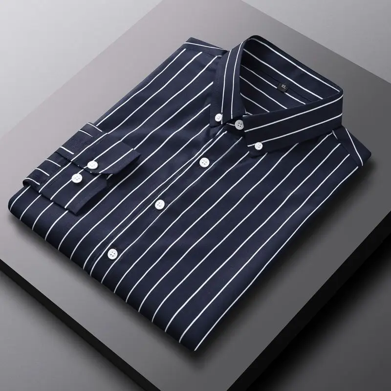 2023 New Summer Commuting Minimalist Lapel Striped Patchwork Button Pocket Slim Fitting and Stylish Office Long Sleeved Shirt