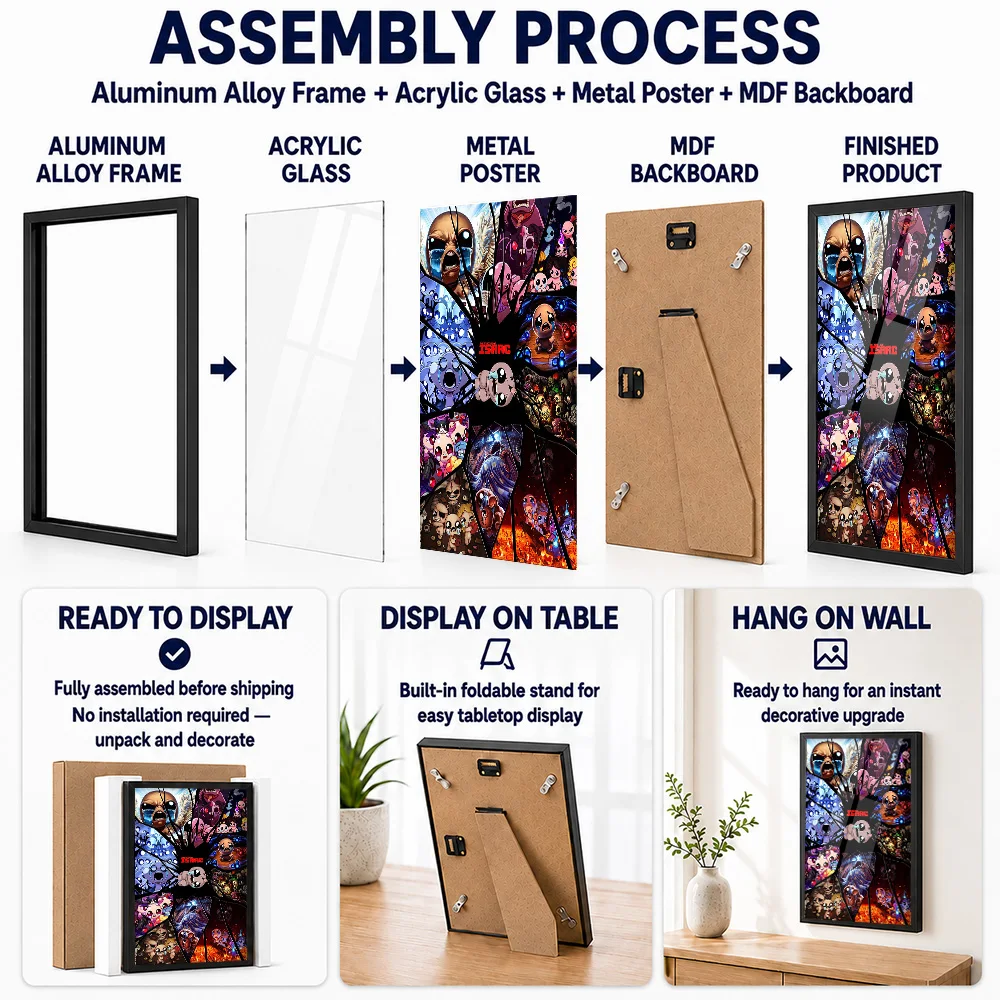 The Binding Of Isaac Shattered Collage Framed Aluminum Metal Poster Personalized Comic Style Wall Art For Entertainment Room