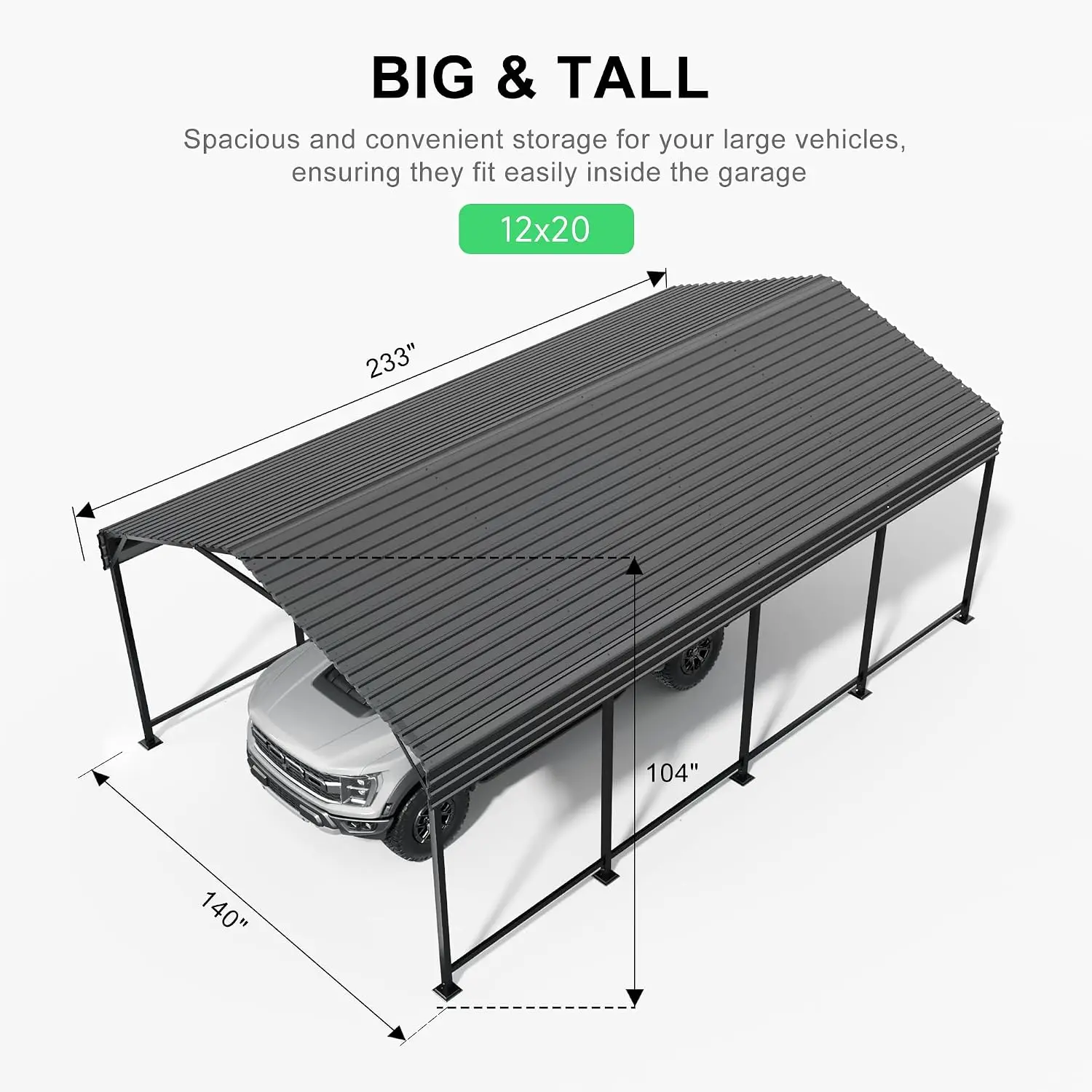 12x20 Metal Carport, Galvanized Steel Vehicle Shelter for Trucks, Boats & Tractors, All Weather Protection, Customized