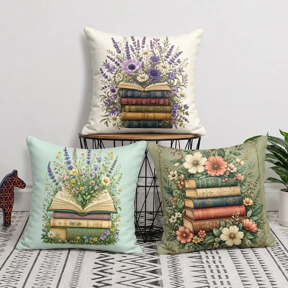 Floral Books Cushion Cover Short Plush Soft Double-Sided Printing Pillow Case Cozy Sofa Bedroom Home Decor Gift