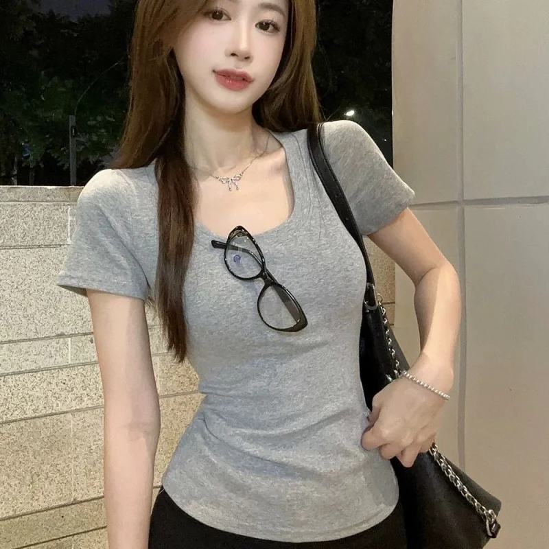 Summer Cotton Sexy Women's T Shirt 2026 Skinny Slim Basic Solid White Black Grey Casual U Neck Woman T Shirts Top Tee Clothing