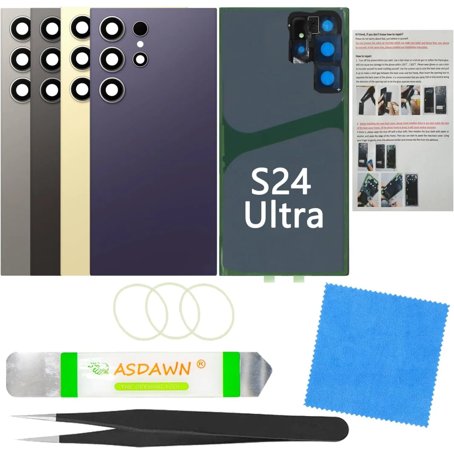 

Galaxy S24 Ultra Violet Back Glass Kit - Pre-installed Camera Lens, Adhesive, Tools & Manual for SM-S928. Easy DIY!