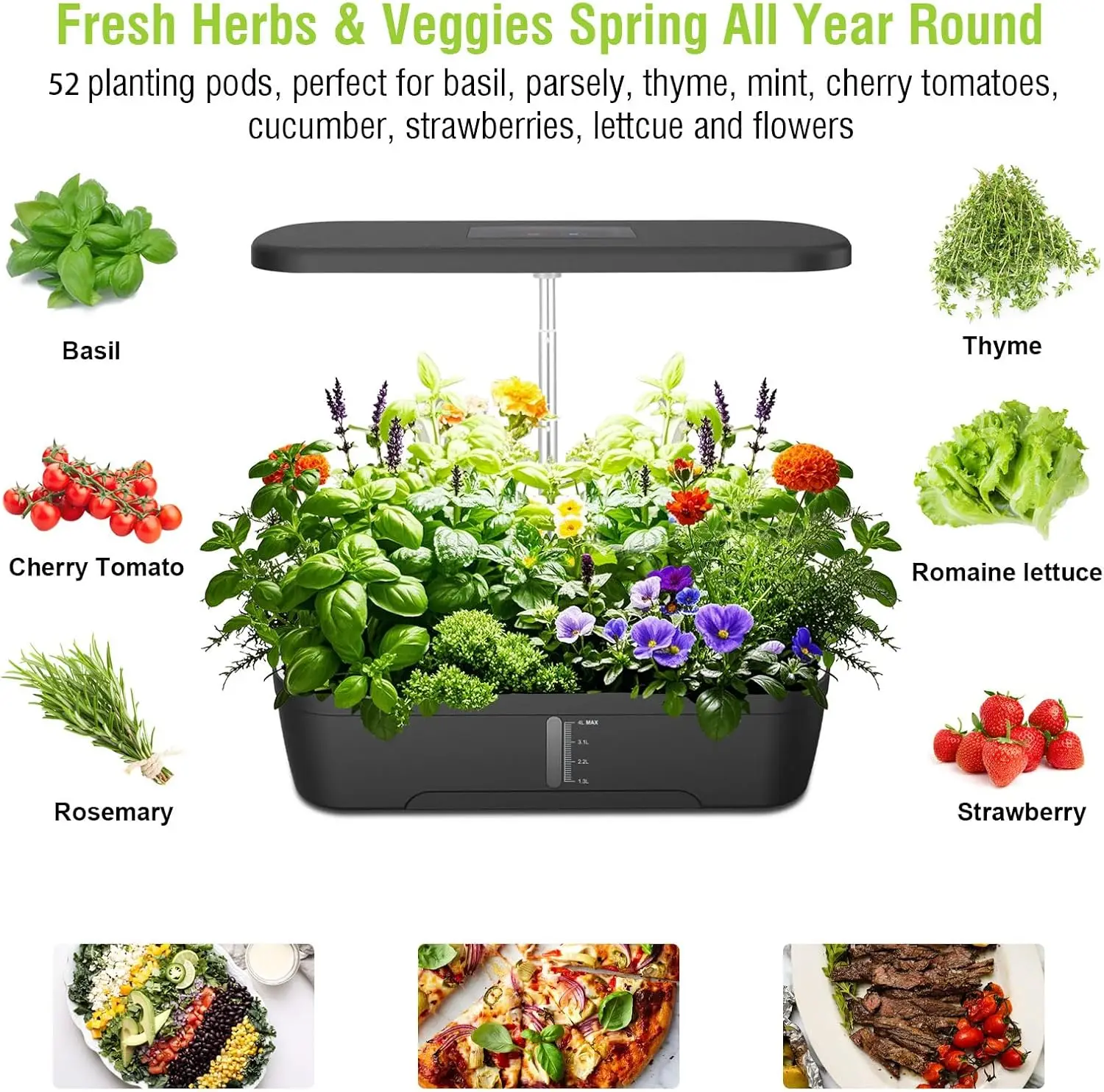 52 Pods Smart Hydroponics Growing System Indoor Herb Garden Auto Timer 24W Full Spectrum Grow Light 4L Water Tank Quiet Pump Hei