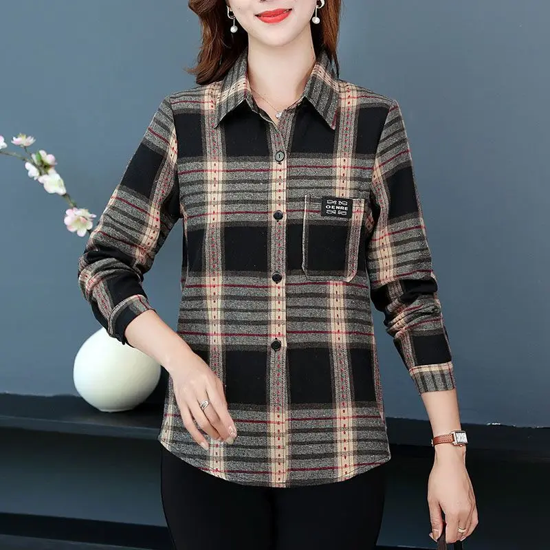 2023 primavera nuova camicia colletto Polo manica lunga camicia a quadri riduzione dell'età temperamento Versatile Casual Office Lady Top da donna