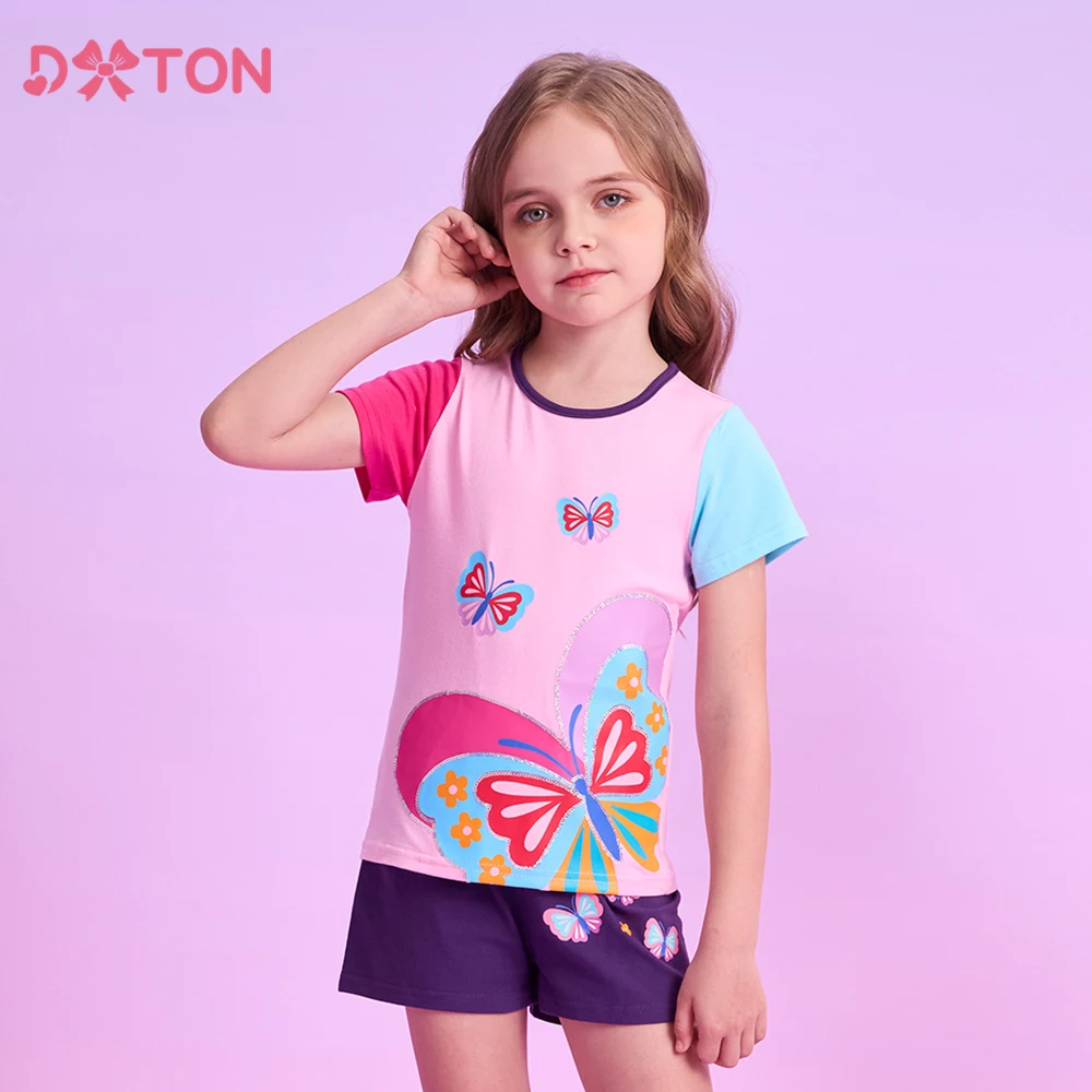 DXTON Cotton Kids Baby Tops Color matching Summer Short Sleeve Girls T-shirts Butterflies Printed  Children Casual Clothing