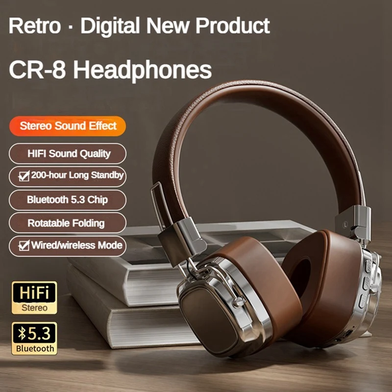 Retro Classic Over Ear Headsets Studio Stereo Bluetooth5.3 Wireless Headphones Touch Control Type C Earphones