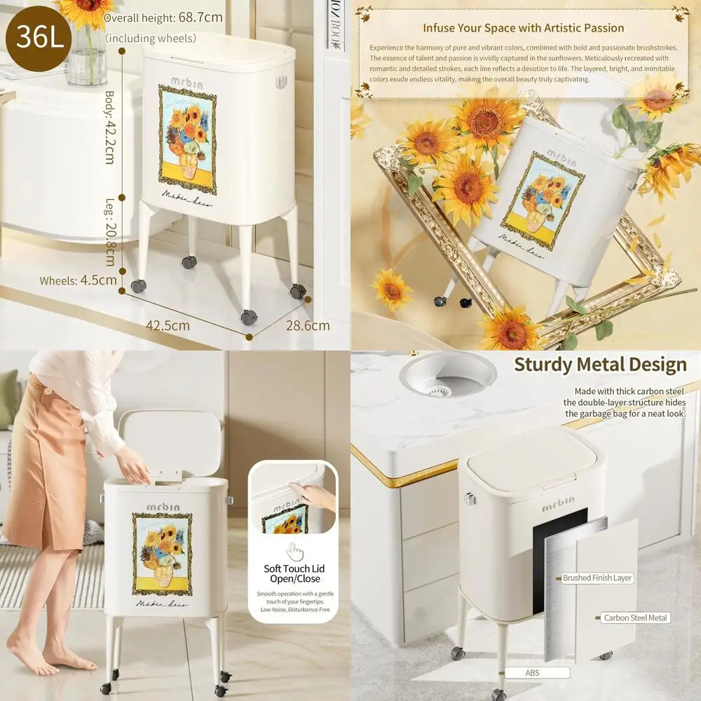 

Тонкий кухонный мусорный бак среднего размера 36 л с колесиками, устойчивая к домашним животным пресс-крышкам, идеально подходит для туалетного столика, спальни, ванной комнаты, гостиной, Sunflo