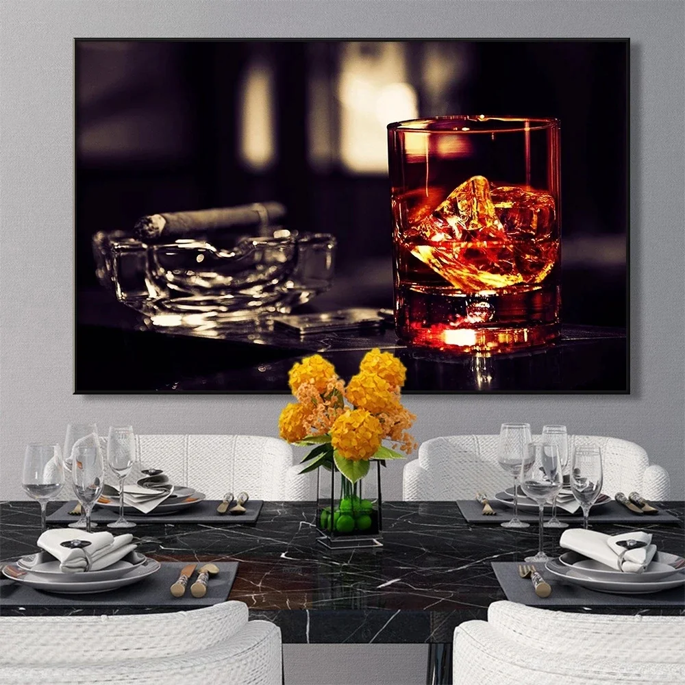 (1PC Unframe)Whiskey and Cigars Cigarette Canvas Painting for Bar Pub Restaurant Wall Art Prints Pictures Poster Cuadros Home De