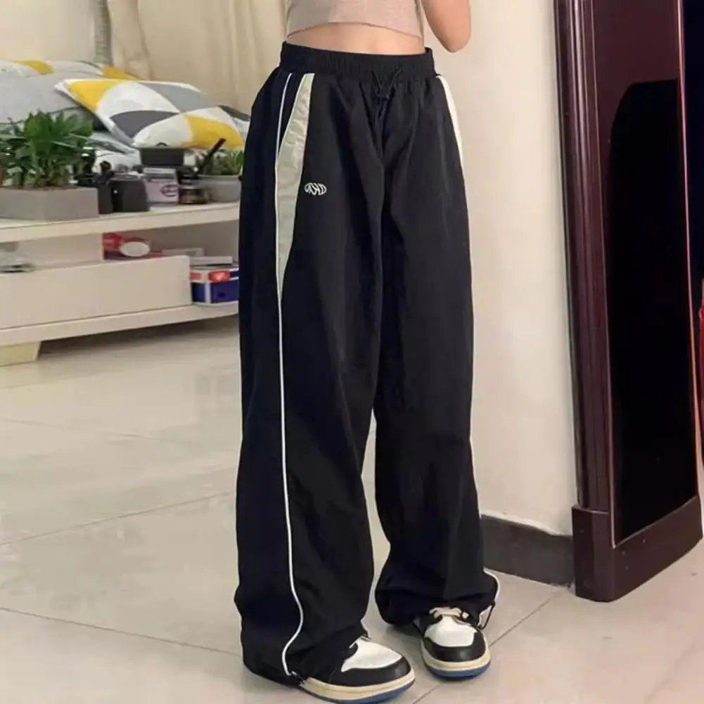 

Women Casual Trousers Elastic High Waist Straight Wide Leg Summer Pants Contrast Color Pockets Sport Long Trousers