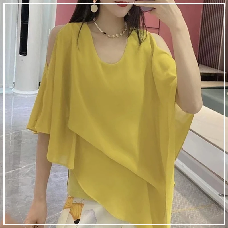 2024 New Summer Personalized Trendy Round Neck Off Shoulder Irregular Hem Fashion Casual Loose Versatile Solid Color Shirt