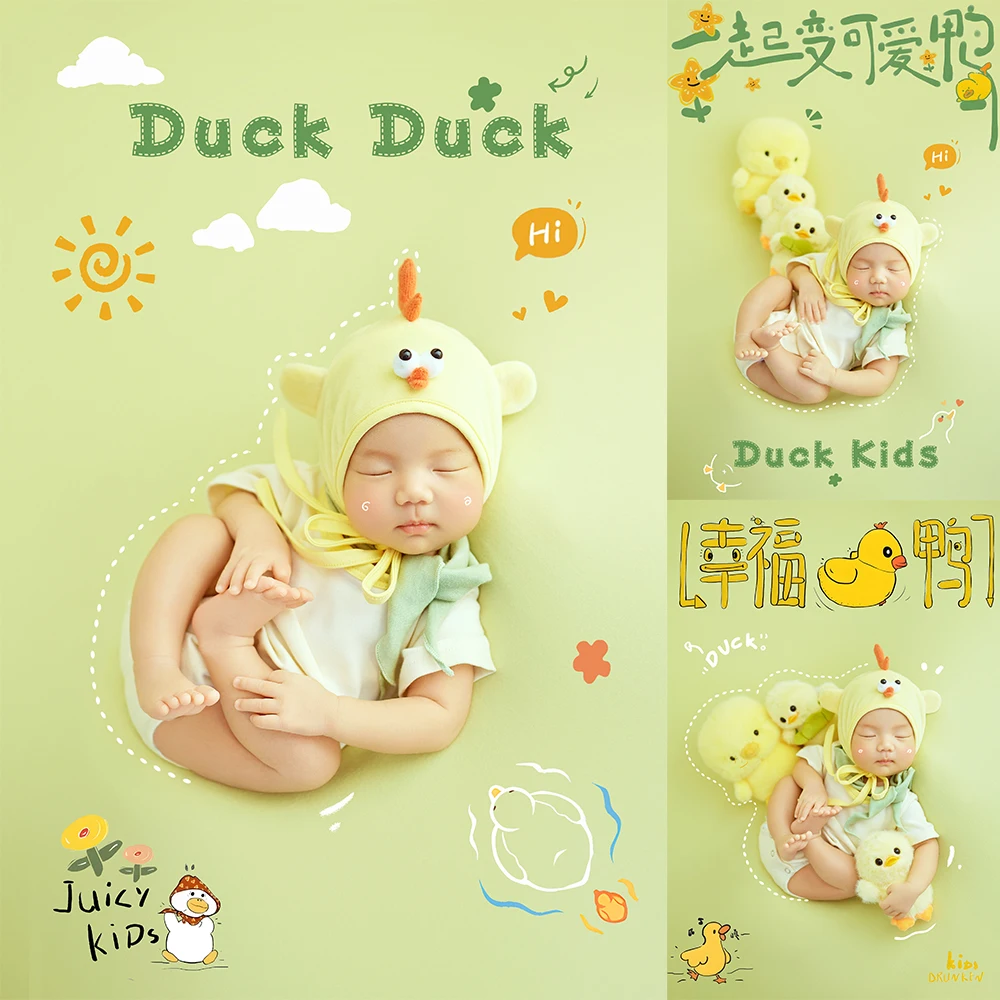 

Lovely Yellow Duck Theme Newborn Photography Scene Props Kit Baby Duck Costume Duck Dolls Photo Studio Baby Shooting Accessories