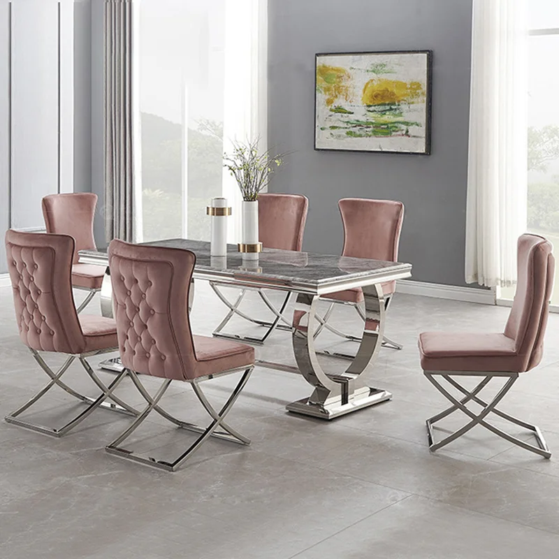 Modern light luxury marble dining table and chair combination Italian rectangular eating table simple household stainless steel