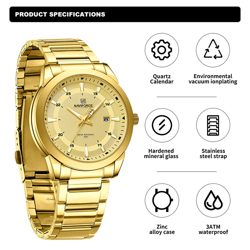 NAVIFORCE Luxury Gold Stainless Steel Watches for Man Fashion Wild Quartz Casual Male Wristwatch with Date Display Window NF8029