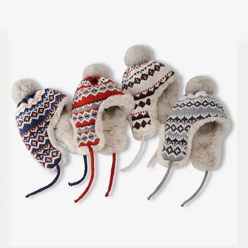 Hot Ethnic Jacquard Soft Striped Spliced Knitted Hat Coldproof Thickened Fluffy Fleece Earflap Hat Skiing Hiking Outdoor Caps