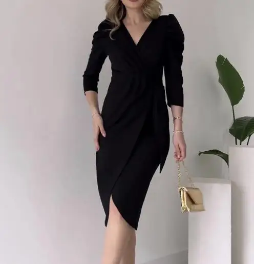 

Dresses for Women 2023 Elegant Sexy Early Spring Cross V-Neck Pleated Waist Tie, Slim Fit and Slimming Lotus Leaf Hem Mid Skirt
