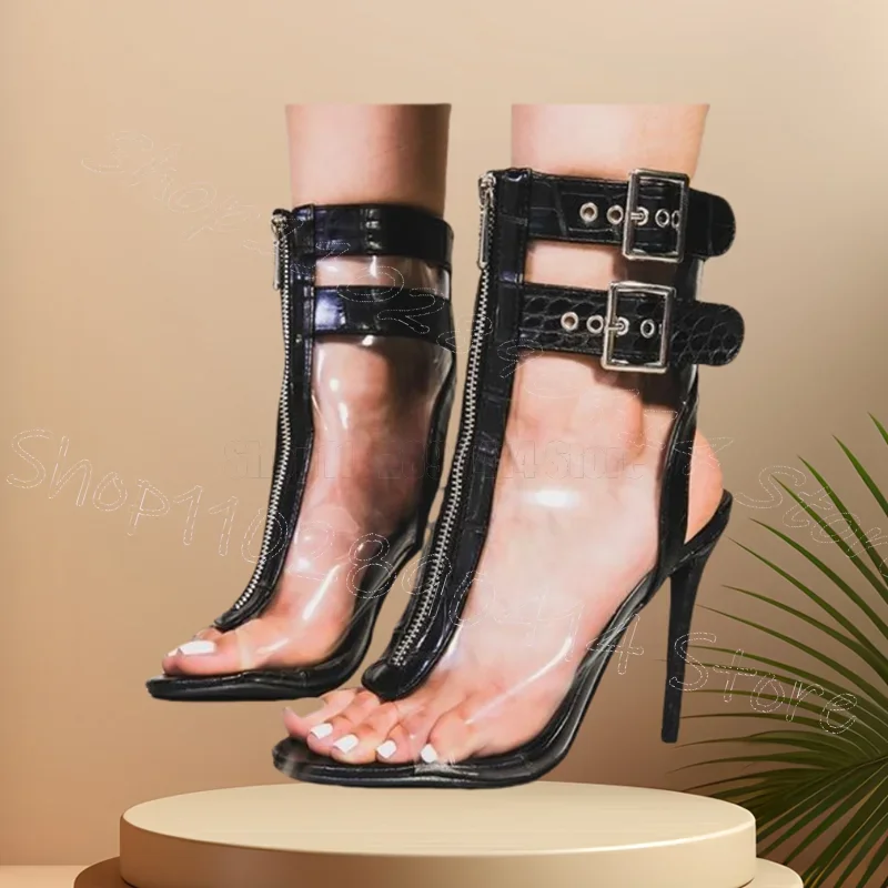

Zipper Decor Black PVC Open Toe Sandals Buckle Strap Women Shoes Thin High Heels Fashion Party Dating 2025 Zapatos Para Mujere