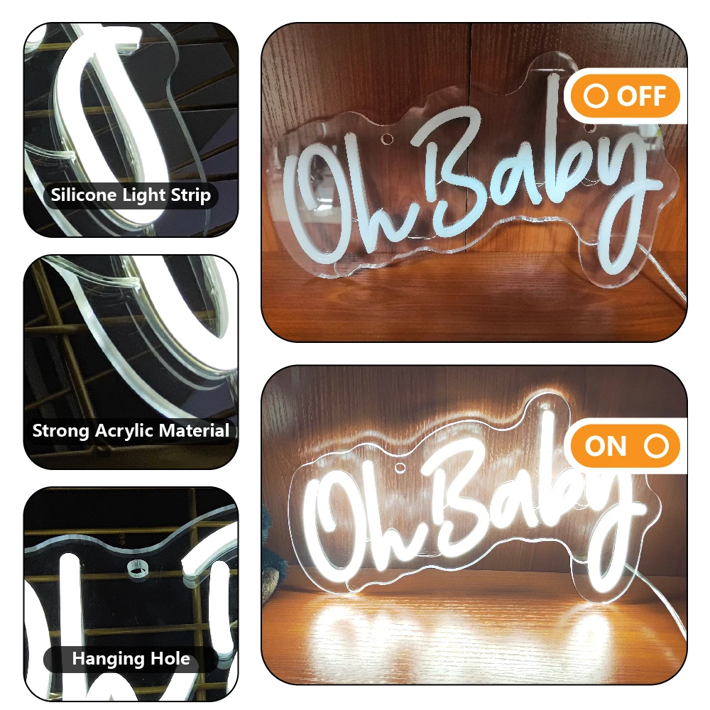 Imagem -03 - Baby-neon Led Flex Sign Clear Acrílico Light Decoração da Parede Dimmable Neon Sign Baby Shower Gênero Revelar Party Decor oh