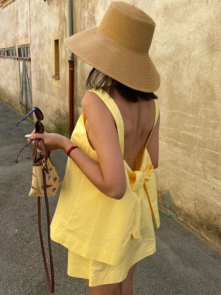 Tuularose Summer Skirt 2-Piece Set Sexy Bow Lace-up Strappy Backless Top Solid Skirt Set Casual Vacation 2026 Women's Dress Sets