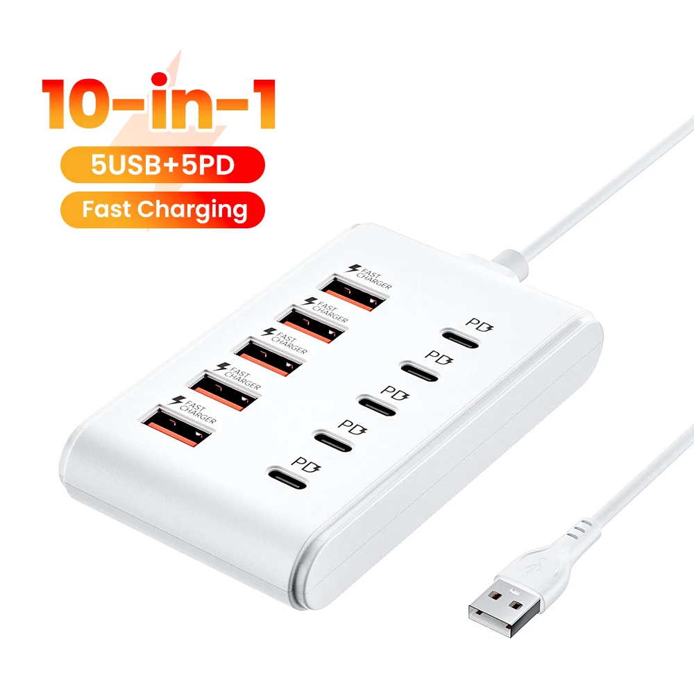 شاحن 5 من النوع C مع 5 محول USB Hub موسع Spiltter PD شحن سريع متعدد المنافذ 10 في 1 شاحن USB C عالمي