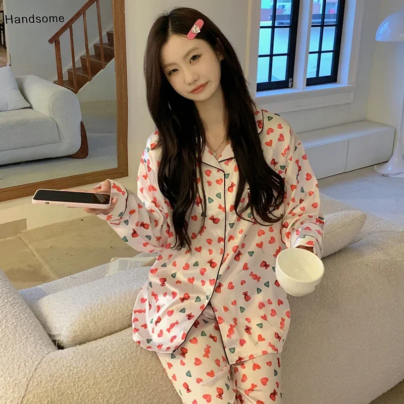 

Pajama for Women Silk Long-sleeved Pajamas Pajamas Cartoon Printed High-grade Ice Silk Can Be Worn Outside Home Wear Pajamas