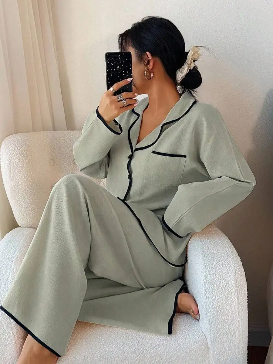 

Womens Contrast Trim Lapel Loose Long Sleeve Pajama Set Light Green Sleepwear Lounge Wear