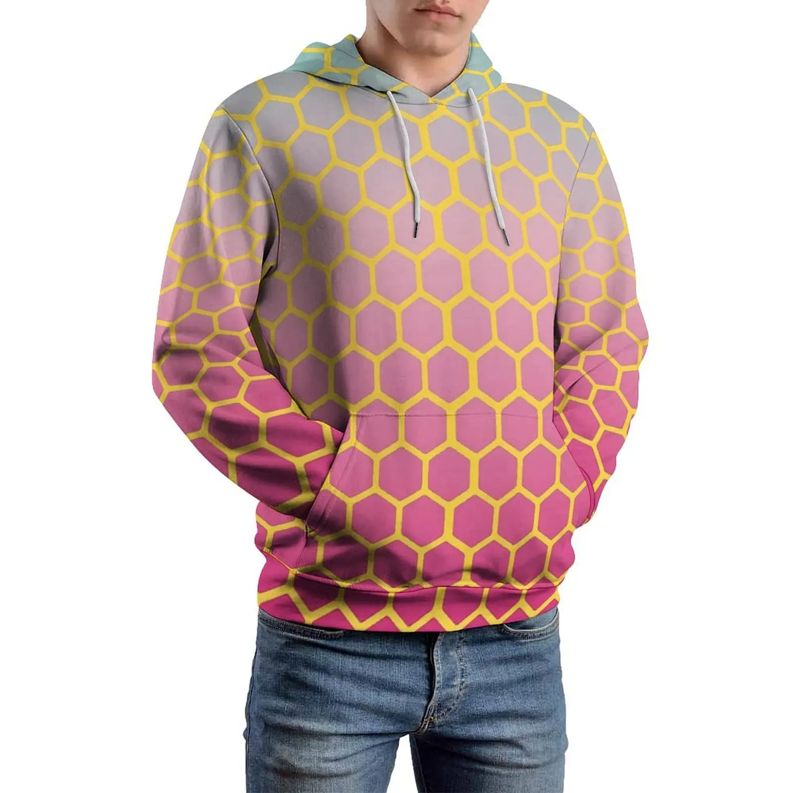 Ombre Casual Hoodies Gold Honeycomb Classic Hoodie Male Long Sleeve Trendy Custom Tops Gift Idea