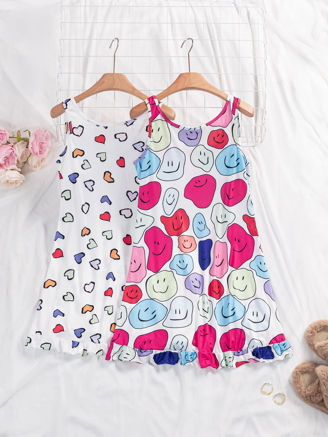 Nightgown Women Nightdress Sleeveless Printing Nightgowns Sweet Casual Sleepwear Pijamas Sleepdress 2024 Combination Set