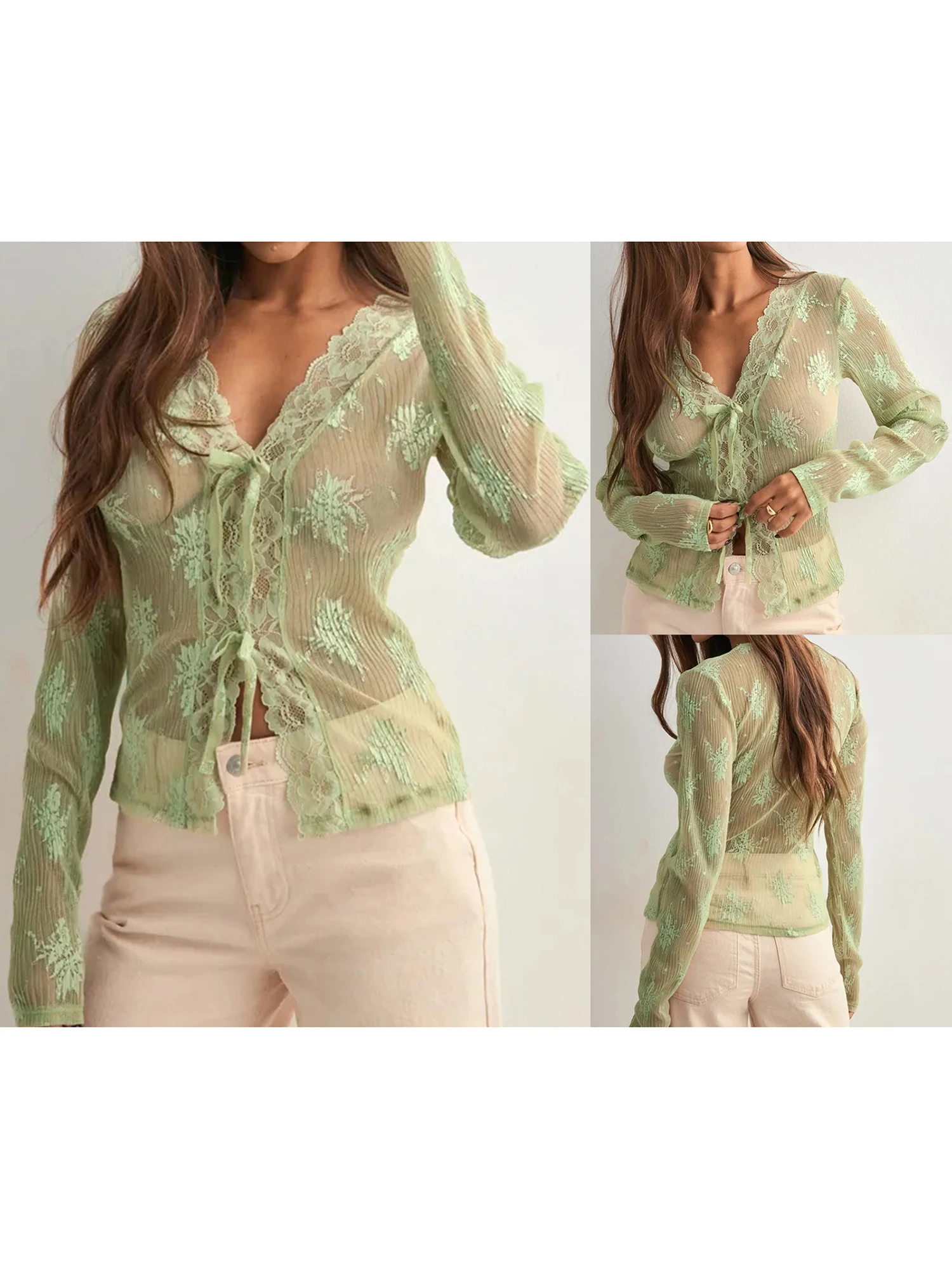 女性のレーストリム V ネック長袖ブラウスタイフロントフィットシアーシャツ春秋カジュアルトップスフェミニンスタイル