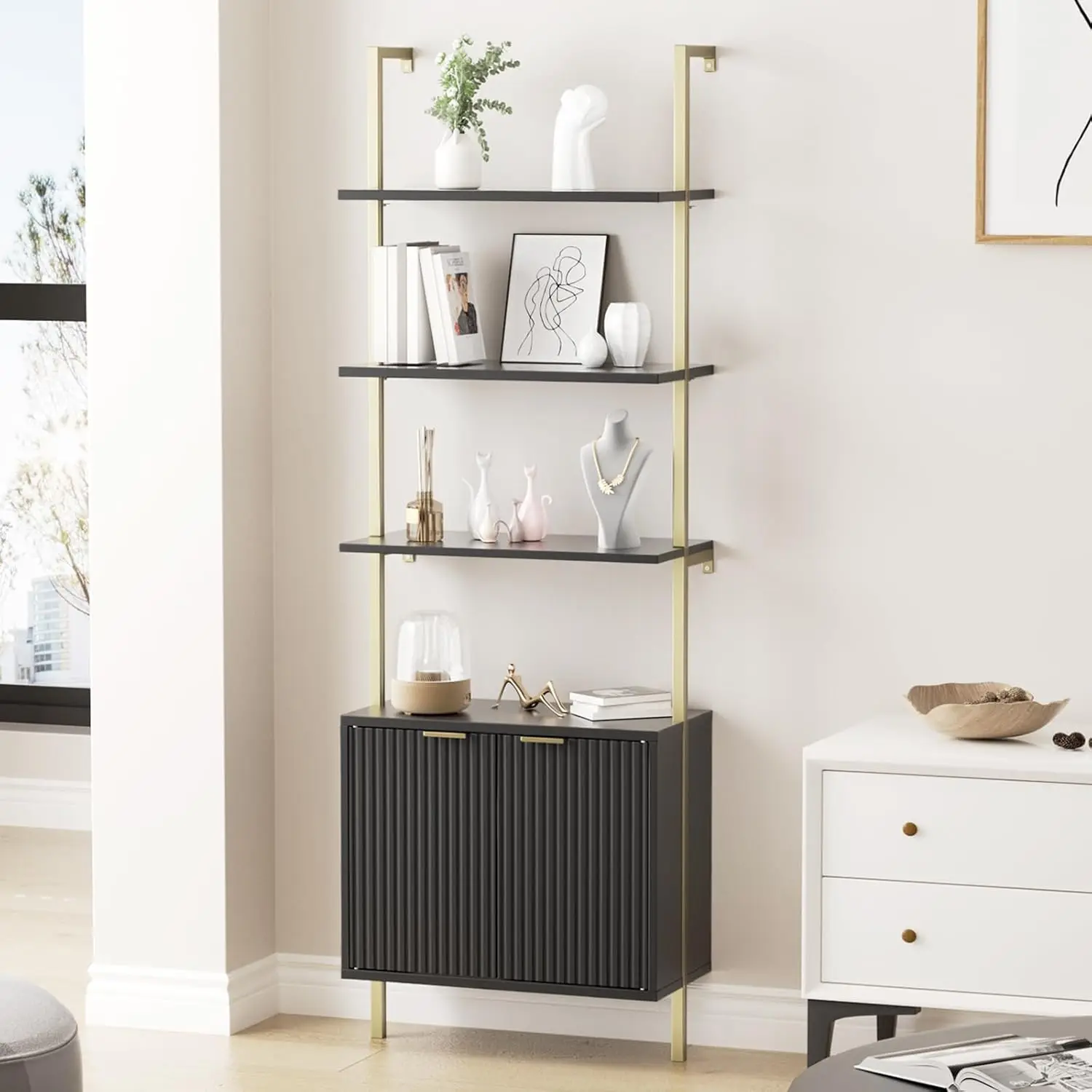 

Ladder Bookshelf With Cabinet, 71"" Tall Wall Mounted Bookcase With Shelves & Storage, Fluted Ladder Shelf With Metal Frame,