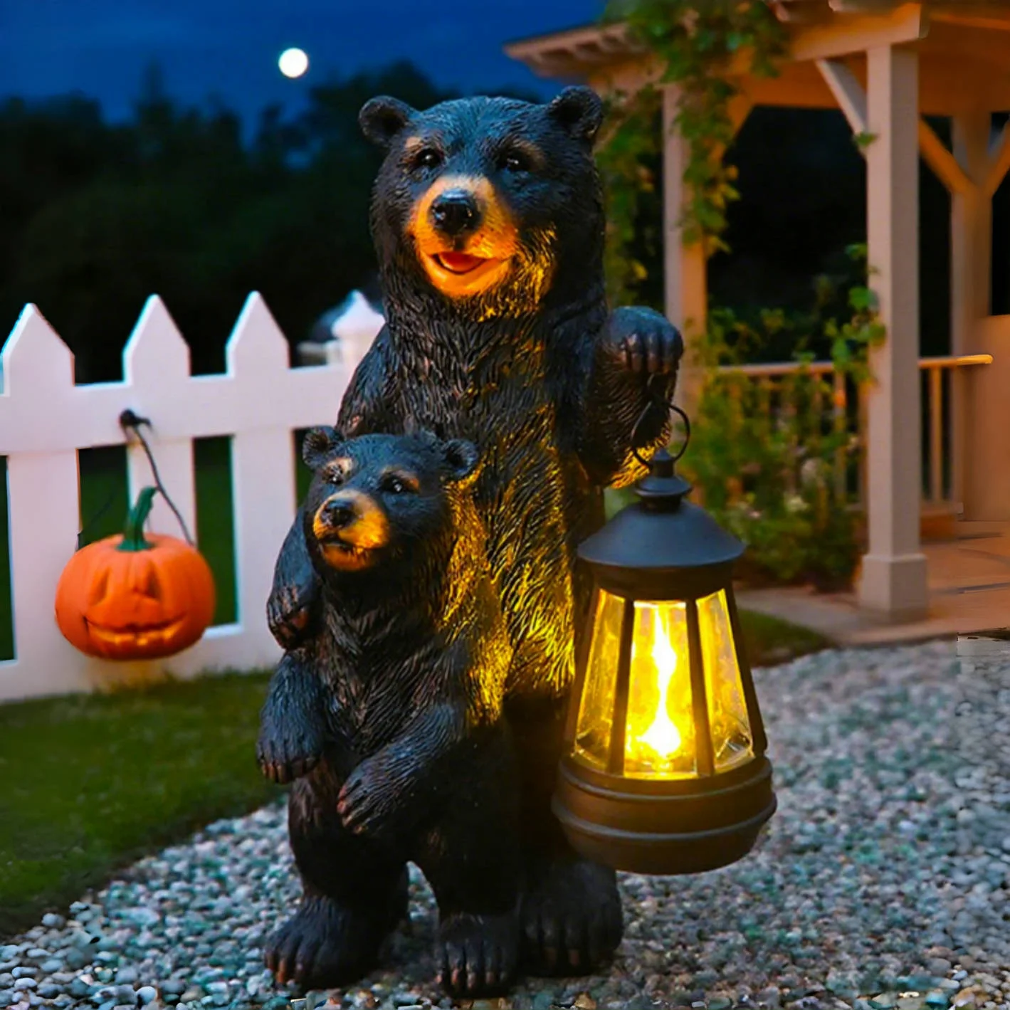 Outdoor Garden Solar Statue Light, Garden Bear Statue with Solar Lantern, Outdoor Black Bear Mother and Son Lantern Decoration Statue Light, for Patio Yard Lawn Home Ornaments Decor