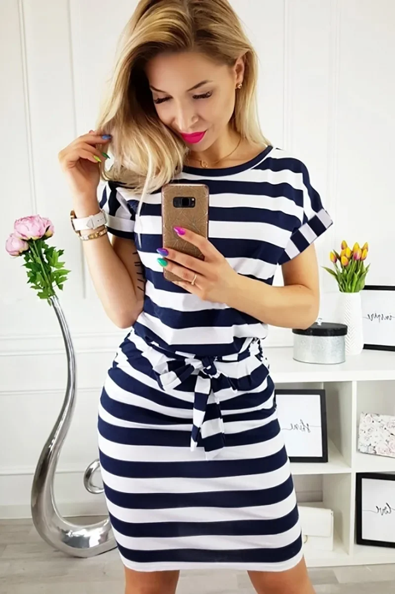 

Female Solid Pockets Midi Cotton Dress New Summer Casual Short Sleeve O-Neck Striped Oversize Women Dresses Slim Bodycon Dress