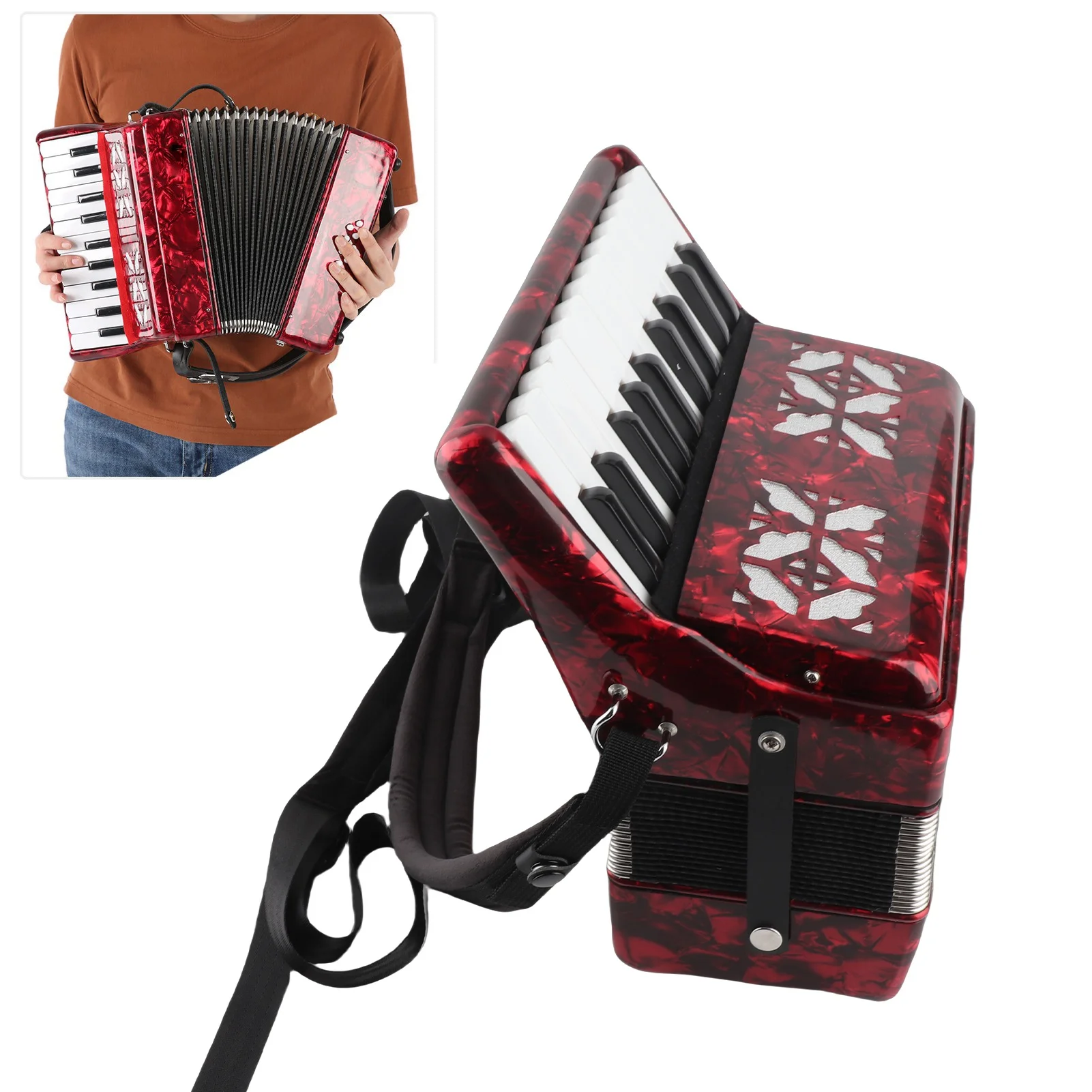 22‑Key Accordions Portable Fine Workmanship Piano Accordion 8 Bass AR-80 with Strap for Playing for Beginner