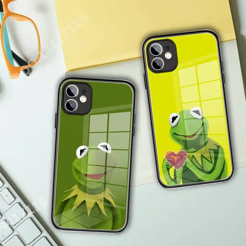 Ins Funny Cute pets kermit The Frog Memes Hard Case Tempered Glass For iPhone14 13 12 11 Pro XR XS MAX XS X 7 8Plus SE 2020 case