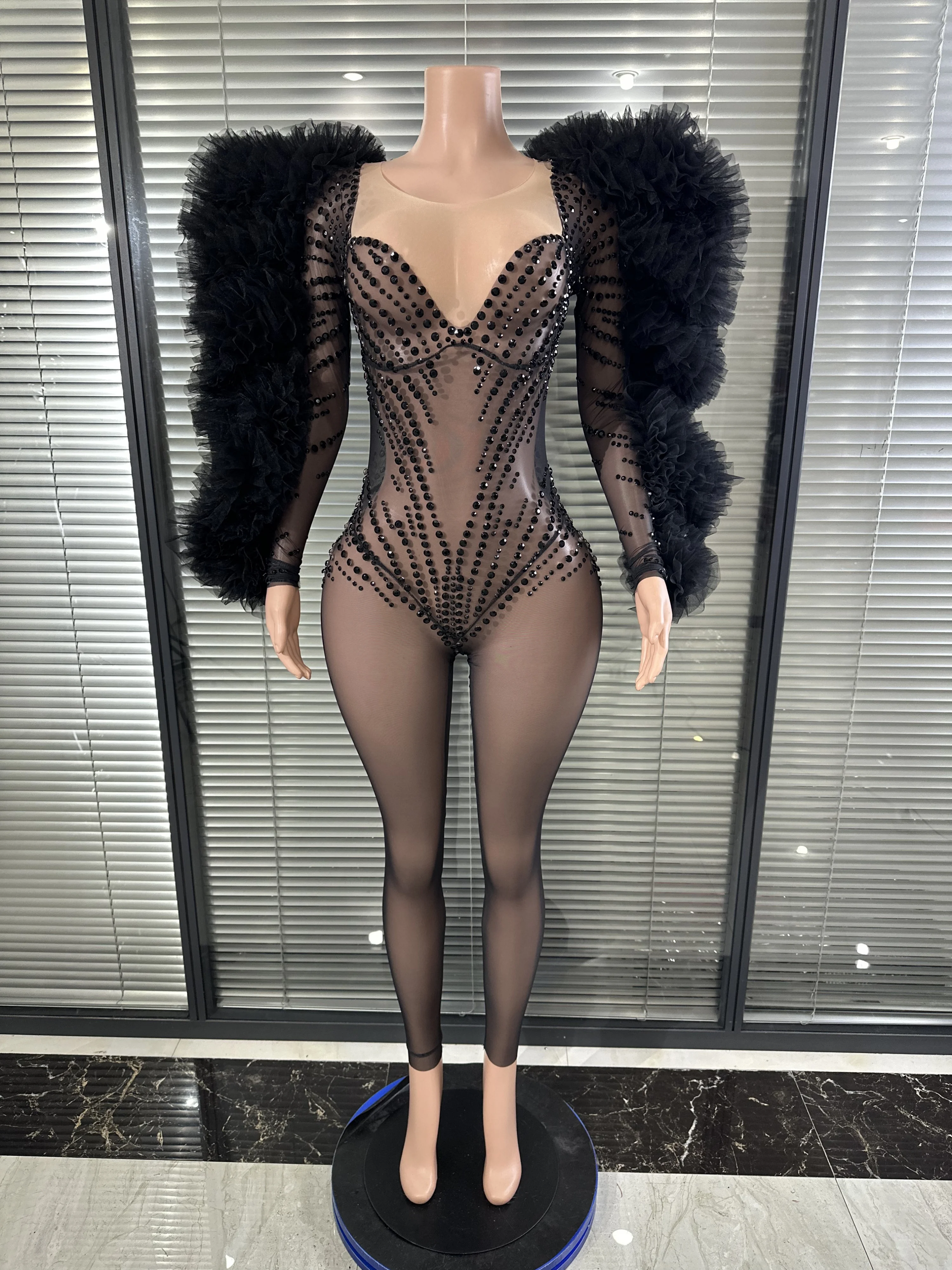 

Sexy Skinny Mesh Pearl Embellished Bodysuit Performance Attire Women Sparkly Night Out Birthday Party Outfit Singer Stage Attire