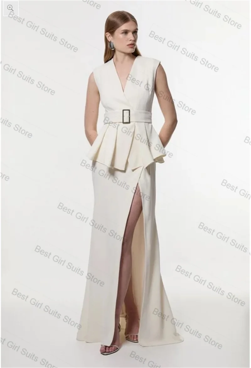 

White Summer Women Suit Skirt Set 2 Pcs Vest+Prom Dress Sexy V Neck Belted Formal Office Lady Jacket Customized Wedding Coat
