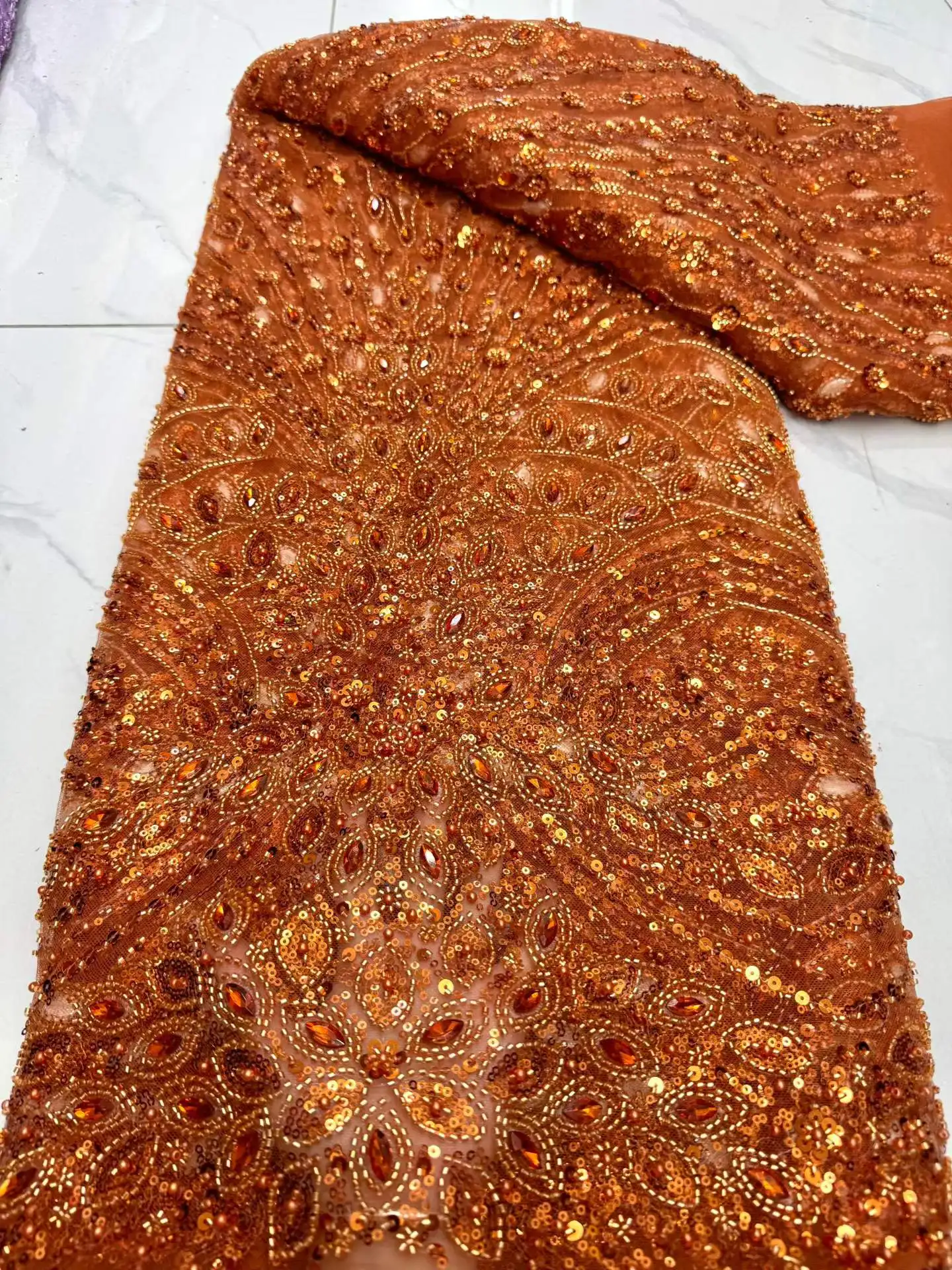 

2026 Elegant African Nigerian Diamond Beaded Lace High-End Luxury French Sequins Mesh Lace Fabric Women Evening Dress Party