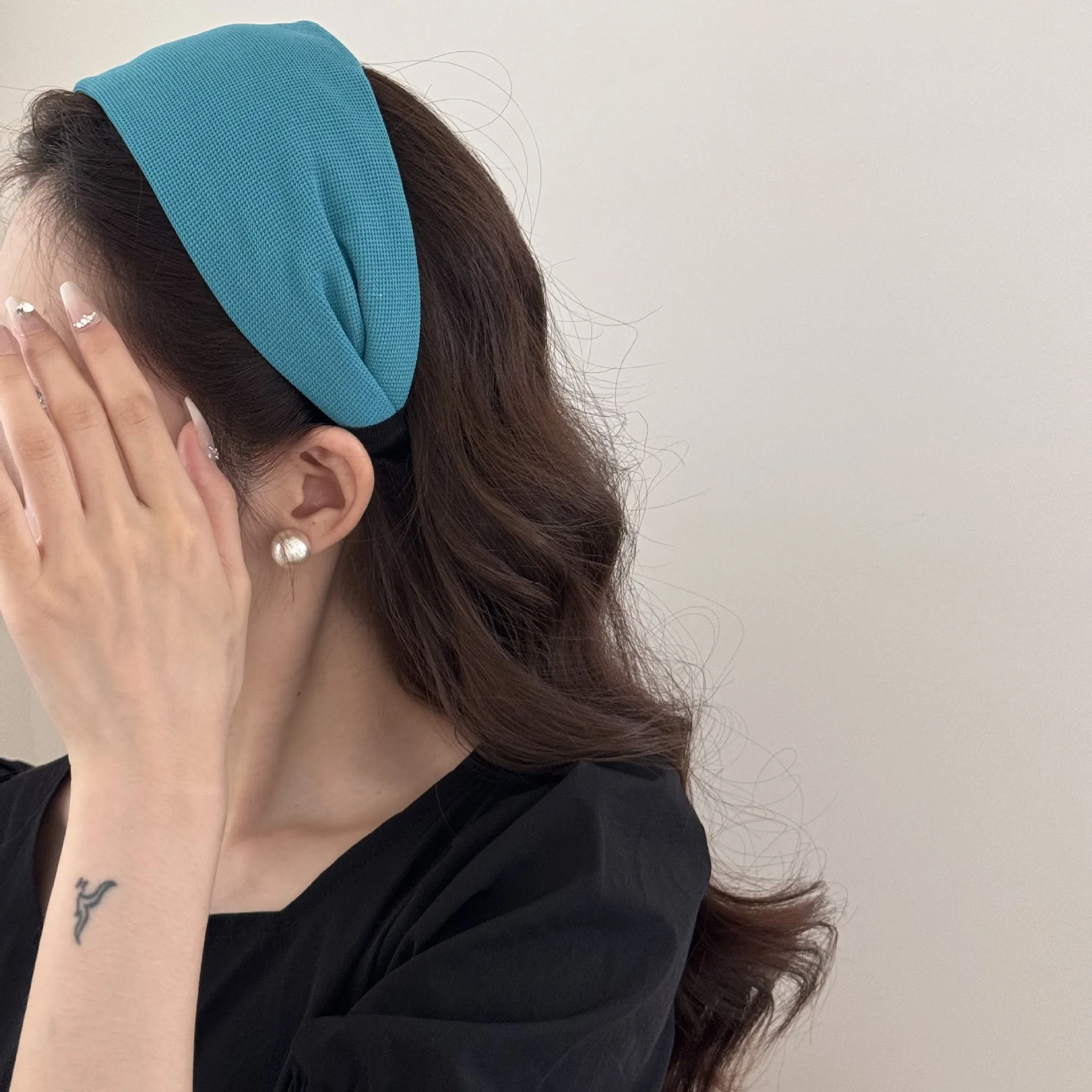 Ins Style Bright Blue Wide-Brimmed Waffle-Knit Headband Head Decorate Fabric Head Decoration Fashion Hair Accessories for Women