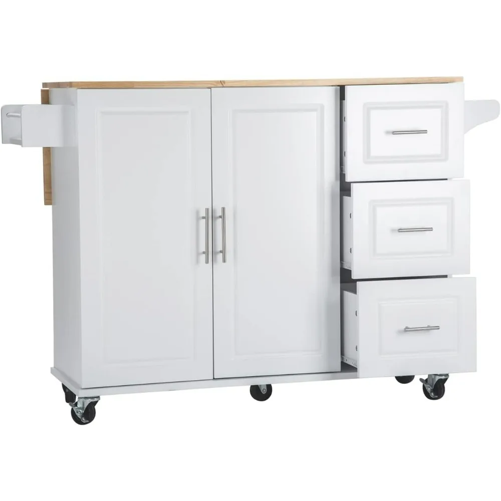 

Kitchen Island Cart, with Drop Leaf Storage and Rubber Wood Countertop and 3 Drawers Spice Rack Towel Rack, Rolling Islands