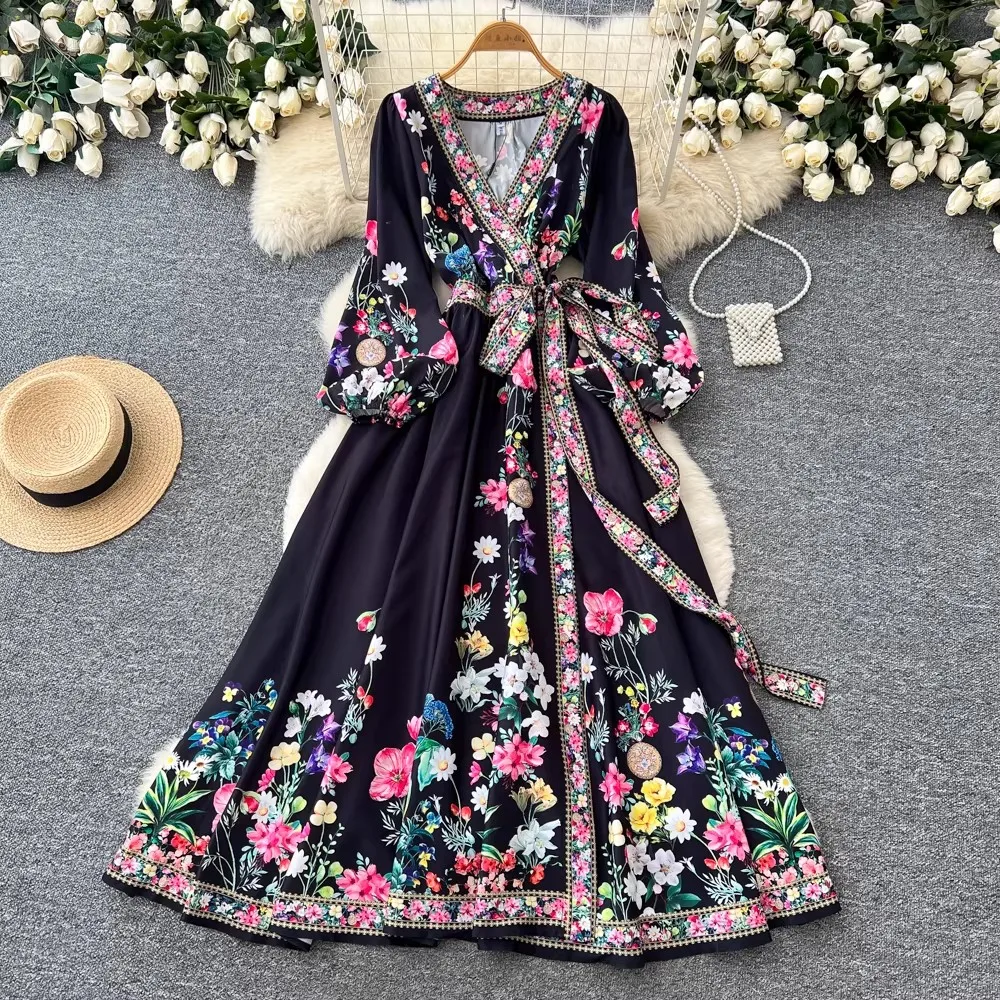 

Spring Bohemian Floral Maxi Dresses for Women Runway Cross V-Neck Long Lantern Sleeve Sashes Beach Holiday Vestidos Boho Robe