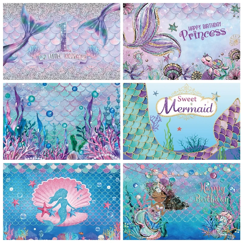 Mermaid Baby Shower Backdrop for Photography Underwater Castle Glitter Shell Girl 1st Birthday Party Decor Photo Background Prop