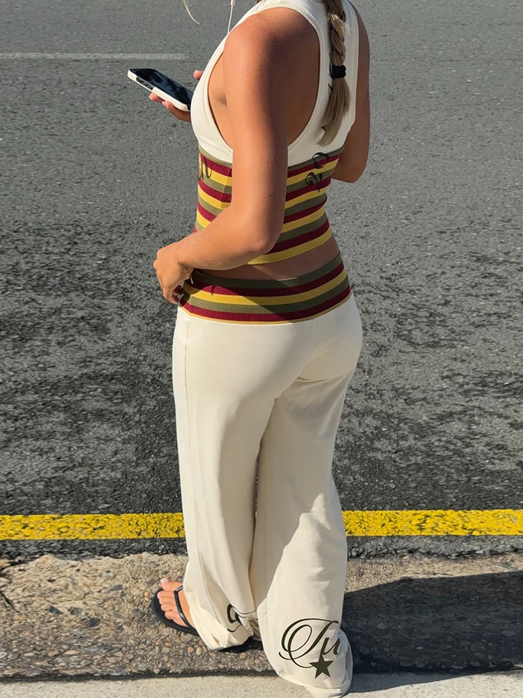 Nibber ärmelloses Tanktop mit Buchstaben-Aufdruck und V-Ausschnitt + Hose mit weitem Bein, lässiges gestreiftes 2-teiliges Set für Damen, trendiger, schicker Street-Sportanzug – Detail 15