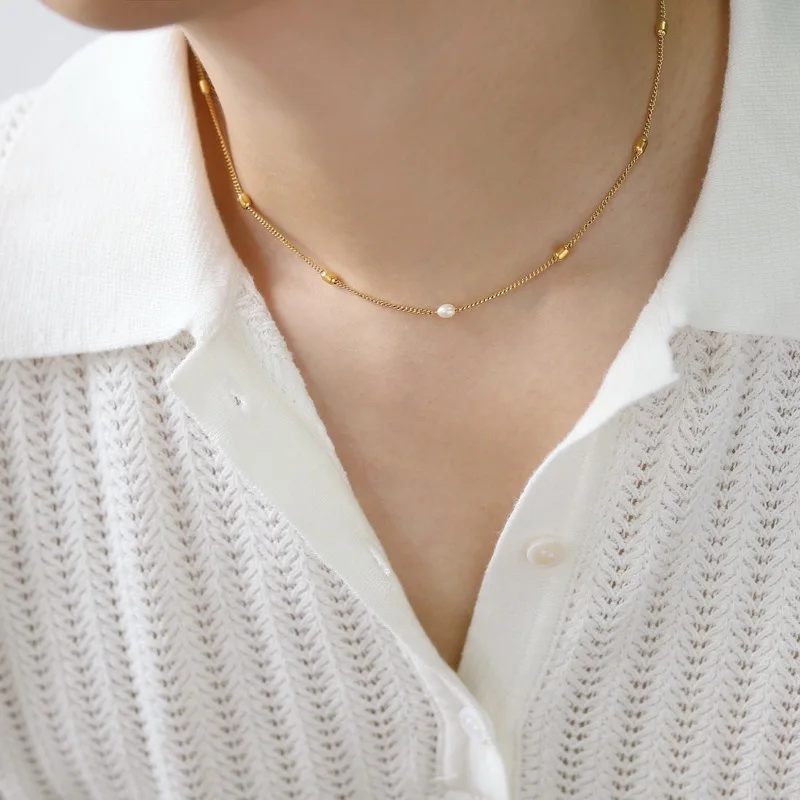 OIMG 316L Stainless Steel Gold Plated Simple Baroque Imitation Pearl Necklace For Women Girl Temperament Trendy Jewelry Not Fade