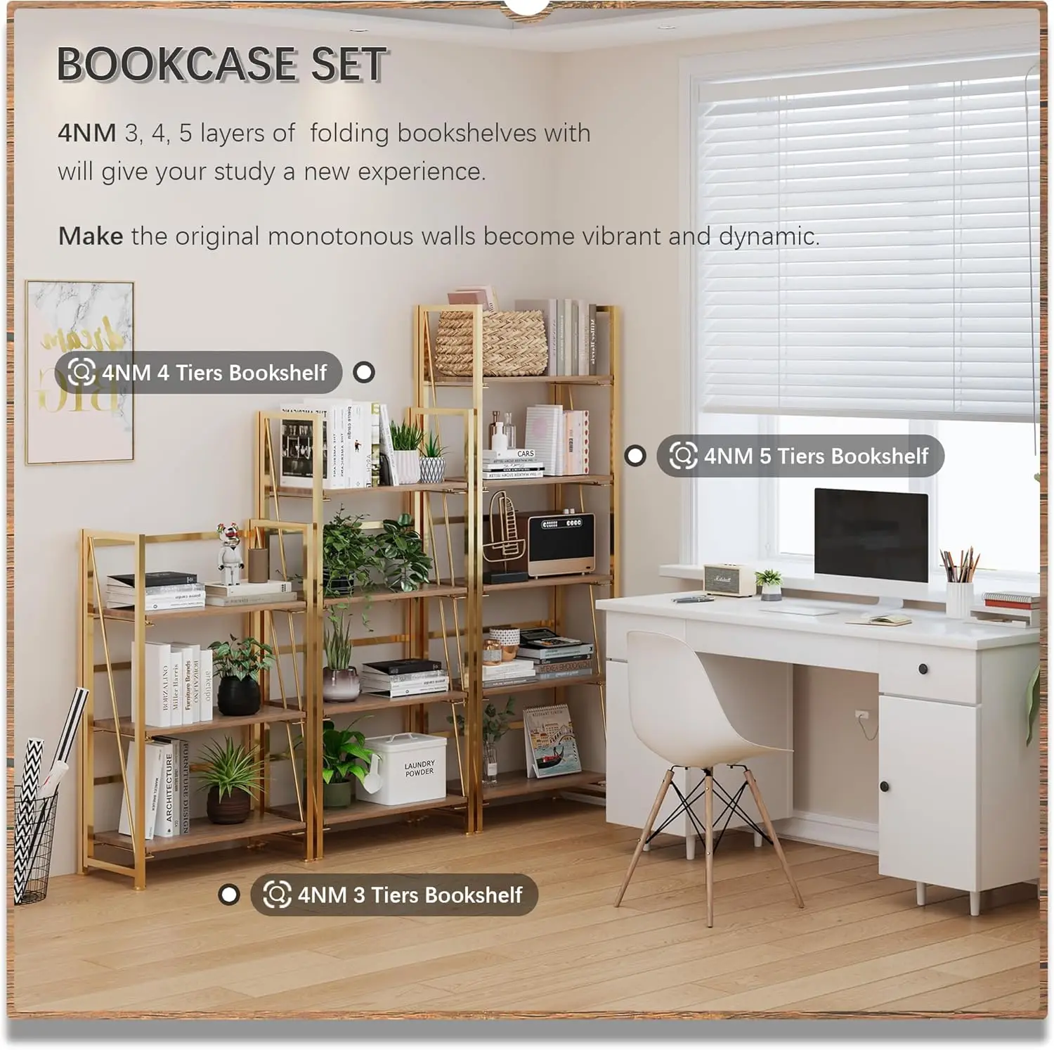 No-Assembly Folding Bookshelf Storage Shelves 4 Tiers Vintage Bookcase Standing Racks Study Organizer Home Office (Brown And