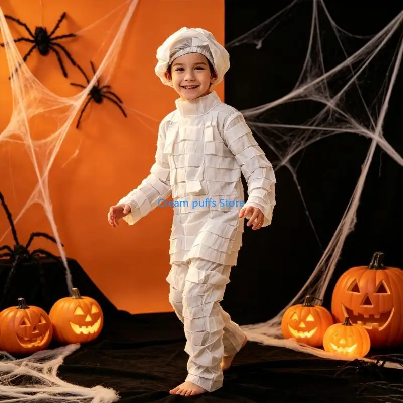 50LE Mummy Costume for Kids Soft Pull On Outfit Set Loose Long Sleeve Halloween Holiday Wear for Party Use and Photos