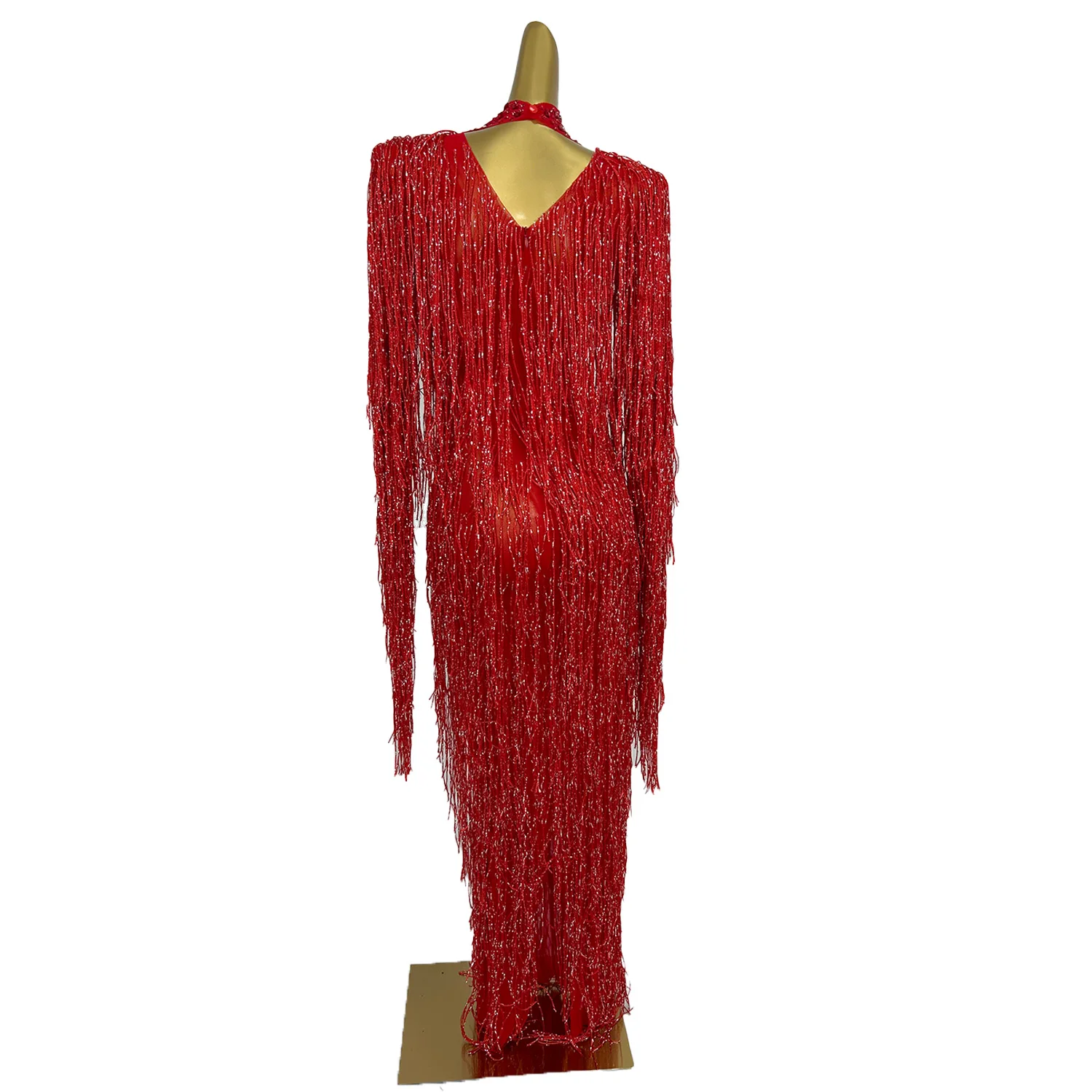 Full Tassel Dress Long Sleeves Stretch Party Fringes Dress Women Singer Stage Performance Dress Dance Costumes Shizichangqun