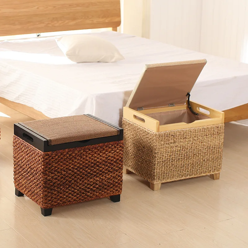 Rattan Storage Stool Multifunctional Shoe Changing Bench Seat Box Home Organizer Low Ottoman Decor Furniture